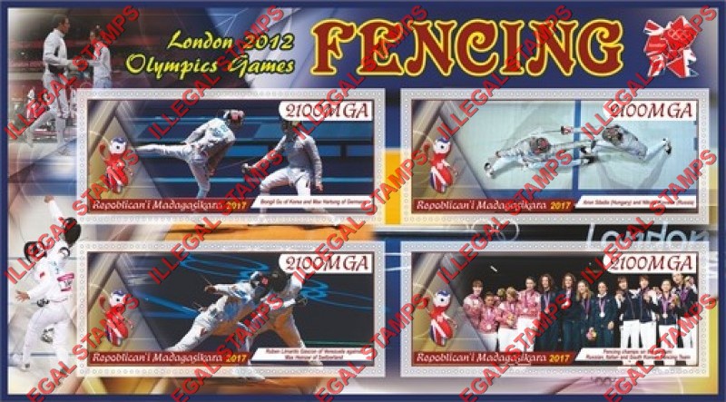 Madagascar 2017 Fencing Olympic Games in London 2012 Illegal Stamp Souvenir Sheet of 4 Madagascar 2017 Fencing Olympic Games in London 2012 Illegal Stamp Souvenir Sheet of 4