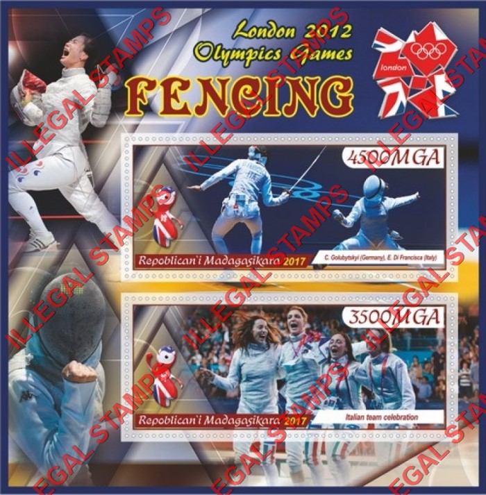 Madagascar 2017 Fencing Olympic Games in London 2012 Illegal Stamp Souvenir Sheet of 2 Madagascar 2017 Fencing Olympic Games in London 2012 Illegal Stamp Souvenir Sheet of 2