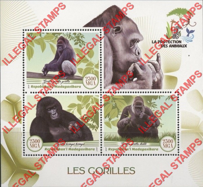 Madagascar 2017 Gorillas Illegal Stamp Souvenir Sheet of 3 Madagascar 2017 Gorillas Illegal Stamp Souvenir Sheet of 3