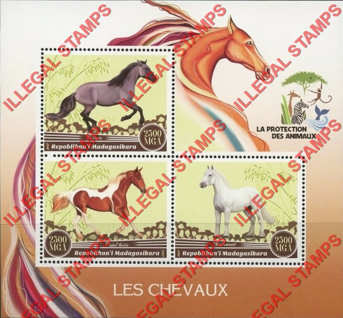 Madagascar 2017 Horses Illegal Stamp Souvenir Sheet of 3 Madagascar 2017 Horses Illegal Stamp Souvenir Sheet of 3