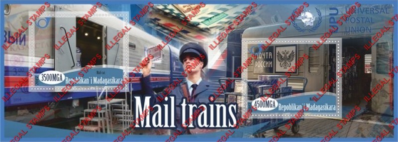 Madagascar 2017 Mail Trains Illegal Stamp Souvenir Sheet of 2 Madagascar 2017 Mail Trains Illegal Stamp Souvenir Sheet of 2