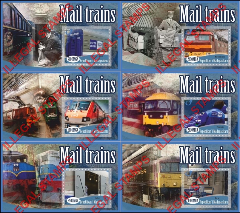 Madagascar 2017 Mail Trains Illegal Stamp Souvenir Sheets of 1 Madagascar 2017 Mail Trains Illegal Stamp Souvenir Sheets of 1