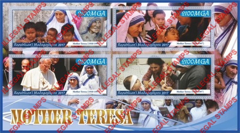 Madagascar 2017 Mother Teresa Illegal Stamp Souvenir Sheet of 4 Madagascar 2017 Mother Teresa Illegal Stamp Souvenir Sheet of 4