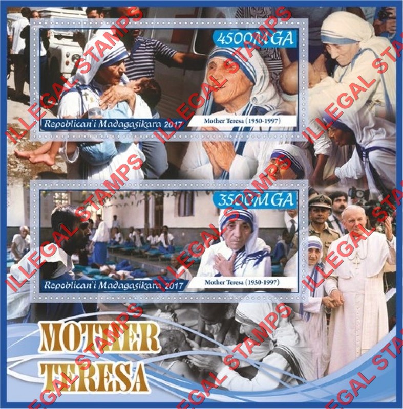 Madagascar 2017 Mother Teresa Illegal Stamp Souvenir Sheet of 2 Madagascar 2017 Mother Teresa Illegal Stamp Souvenir Sheet of 2