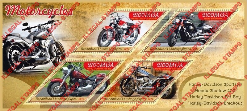 Madagascar 2017 Motorcycles Illegal Stamp Souvenir Sheet of 4 Madagascar 2017 Motorcycles Illegal Stamp Souvenir Sheet of 4