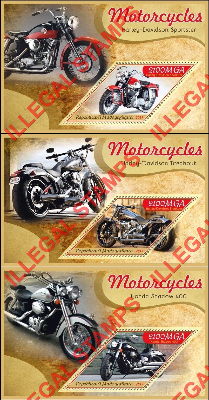 Madagascar 2017 Motorcycles Illegal Stamp Souvenir Sheets of 1 (Part 1) Madagascar 2017 Motorcycles Illegal Stamp Souvenir Sheets of 1 (Part 1)