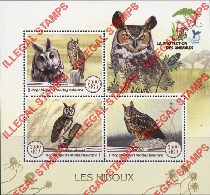Madagascar 2017 Owls Illegal Stamp Souvenir Sheet of 3 Madagascar 2017 Owls Illegal Stamp Souvenir Sheet of 3