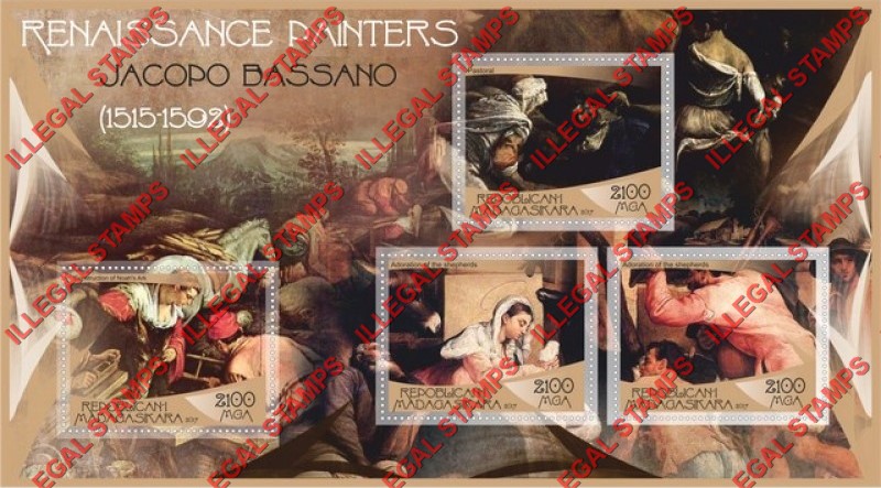 Madagascar 2017 Paintings by Jacopo Bassano Illegal Stamp Souvenir Sheet of 4 Madagascar 2017 Paintings by Jacopo Bassano Illegal Stamp Souvenir Sheet of 4