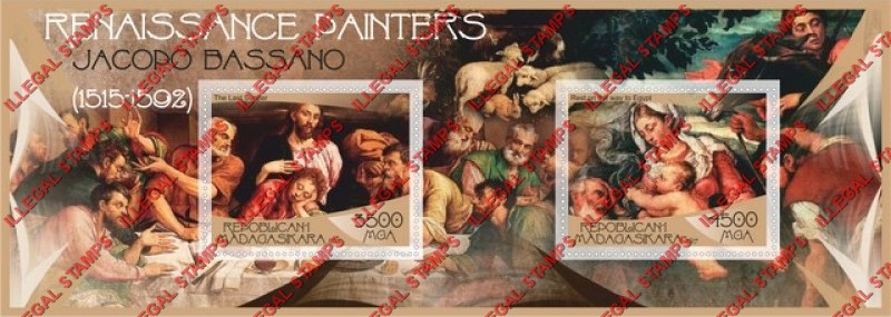 Madagascar 2017 Paintings by Jacopo Bassano Illegal Stamp Souvenir Sheet of 2 Madagascar 2017 Paintings by Jacopo Bassano Illegal Stamp Souvenir Sheet of 2