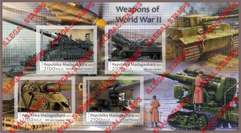 Madagascar 2017 Weapons of World War II Illegal Stamp Souvenir Sheet of 4 Madagascar 2017 Weapons of World War II Illegal Stamp Souvenir Sheet of 4