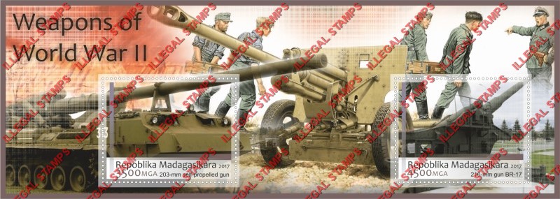 Madagascar 2017 Weapons of World War II Illegal Stamp Souvenir Sheet of 2 Madagascar 2017 Weapons of World War II Illegal Stamp Souvenir Sheet of 2