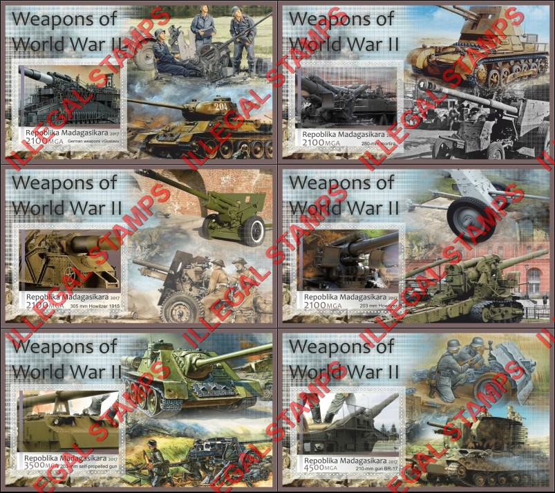 Madagascar 2017 Weapons of World War II Illegal Stamp Souvenir Sheets of 1 Madagascar 2017 Weapons of World War II Illegal Stamp Souvenir Sheets of 1