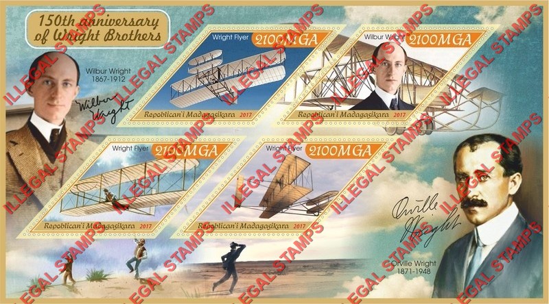 Madagascar 2017 Wright Brothers Airplanes Illegal Stamp Souvenir Sheet of 4 Madagascar 2017 Wright Brothers Airplanes Illegal Stamp Souvenir Sheet of 4