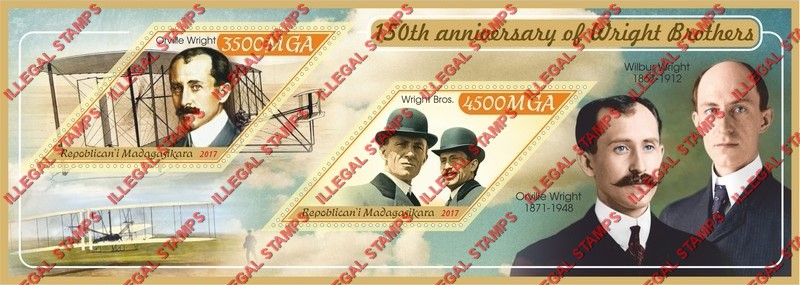 Madagascar 2017 Wright Brothers Airplanes Illegal Stamp Souvenir Sheet of 2 Madagascar 2017 Wright Brothers Airplanes Illegal Stamp Souvenir Sheet of 2