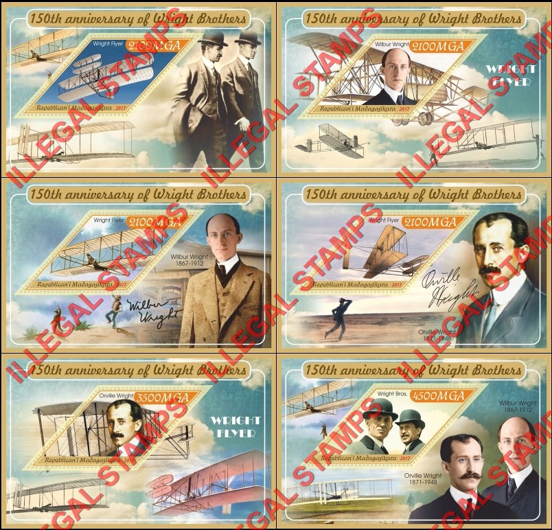 Madagascar 2017 Wright Brothers Airplanes Illegal Stamp Souvenir Sheets of 1 Madagascar 2017 Wright Brothers Airplanes Illegal Stamp Souvenir Sheets of 1