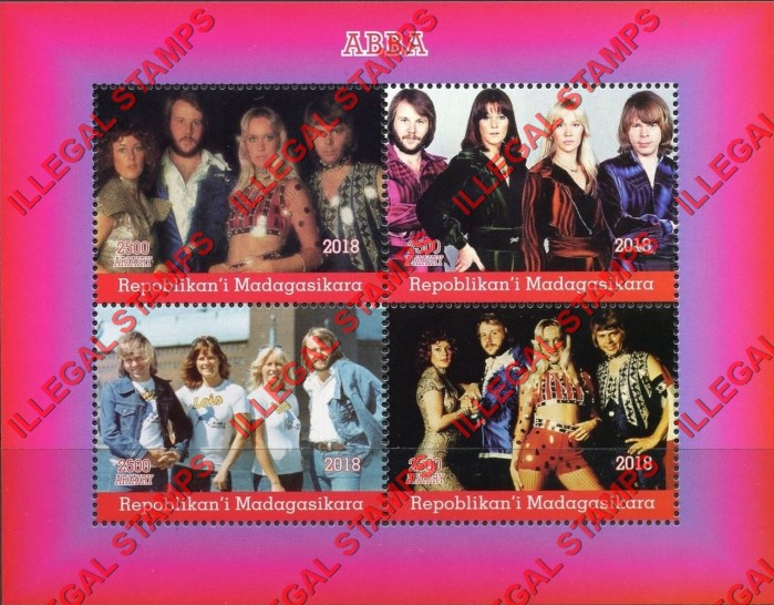 Madagascar 2018 ABBA Illegal Stamp Souvenir Sheet of 4 Madagascar 2018 ABBA Illegal Stamp Souvenir Sheet of 4