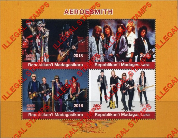 Madagascar 2018 Aeroesmith Illegal Stamp Souvenir Sheet of 4 Madagascar 2018 Aeroesmith Illegal Stamp Souvenir Sheet of 4