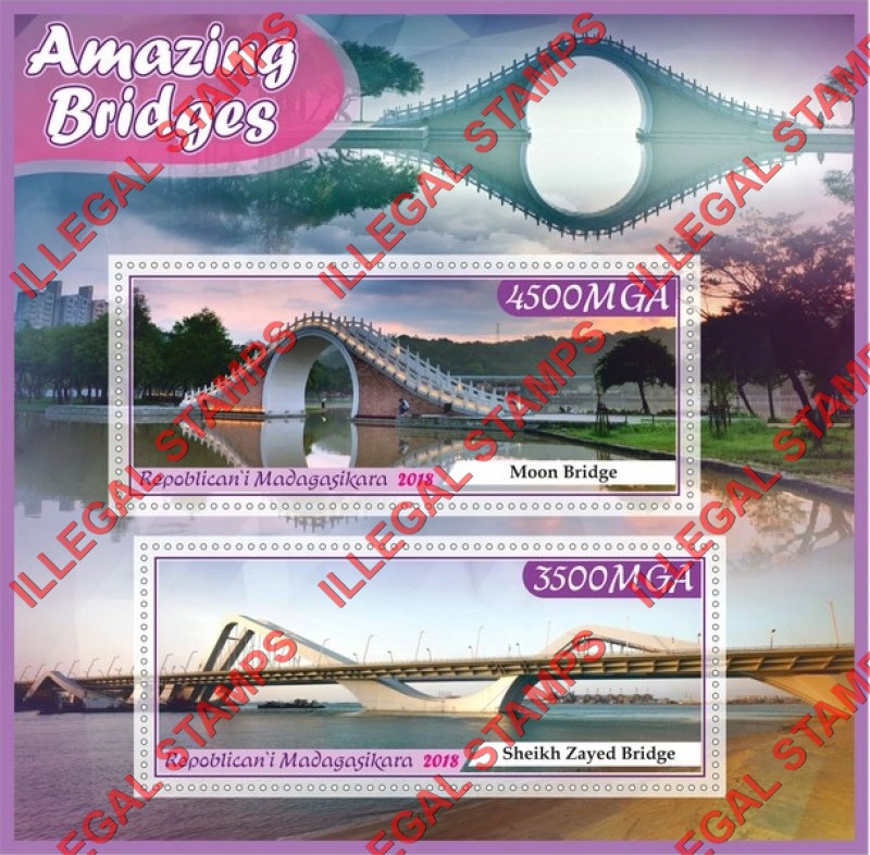 Madagascar 2018 Amazing Bridges Illegal Stamp Souvenir Sheet of 2 Madagascar 2018 Amazing Bridges Illegal Stamp Souvenir Sheet of 2