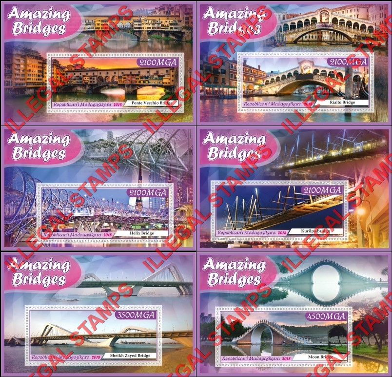 Madagascar 2018 Amazing Bridges Illegal Stamp Souvenir Sheets of 1 Madagascar 2018 Amazing Bridges Illegal Stamp Souvenir Sheets of 1