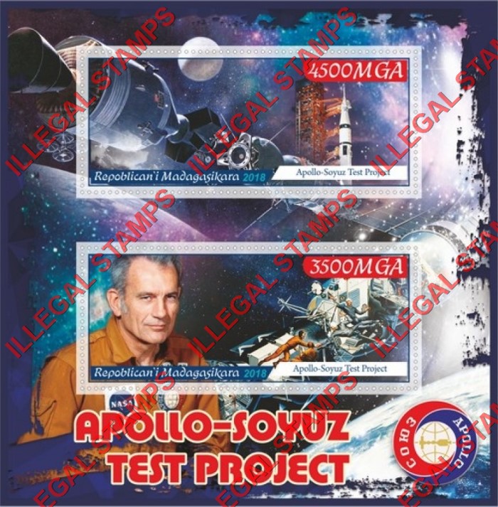 Madagascar 2018 Apollo-Soyuz Test Project Illegal Stamp Souvenir Sheet of 2 Madagascar 2018 Apollo-Soyuz Test Project Illegal Stamp Souvenir Sheet of 2