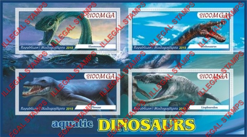 Madagascar 2018 Aquatic Dinosaurs Illegal Stamp Souvenir Sheet of 4 Madagascar 2018 Aquatic Dinosaurs Illegal Stamp Souvenir Sheet of 4