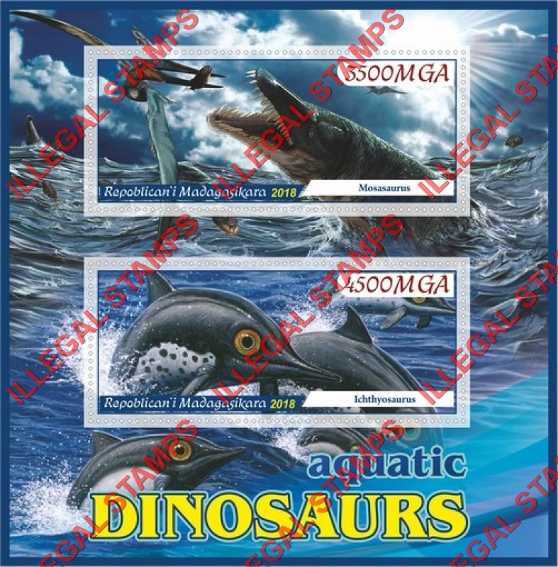 Madagascar 2018 Aquatic Dinosaurs Illegal Stamp Souvenir Sheet of 2 Madagascar 2018 Aquatic Dinosaurs Illegal Stamp Souvenir Sheet of 2