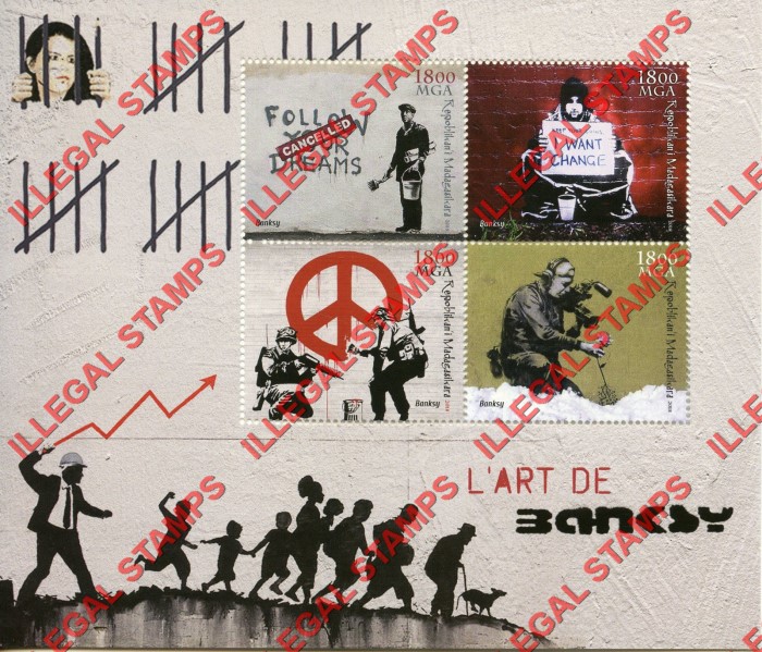 Madagascar 2018 Art of Banksy Illegal Stamp Souvenir Sheet of 4 Madagascar 2018 Art of Banksy Illegal Stamp Souvenir Sheet of 4