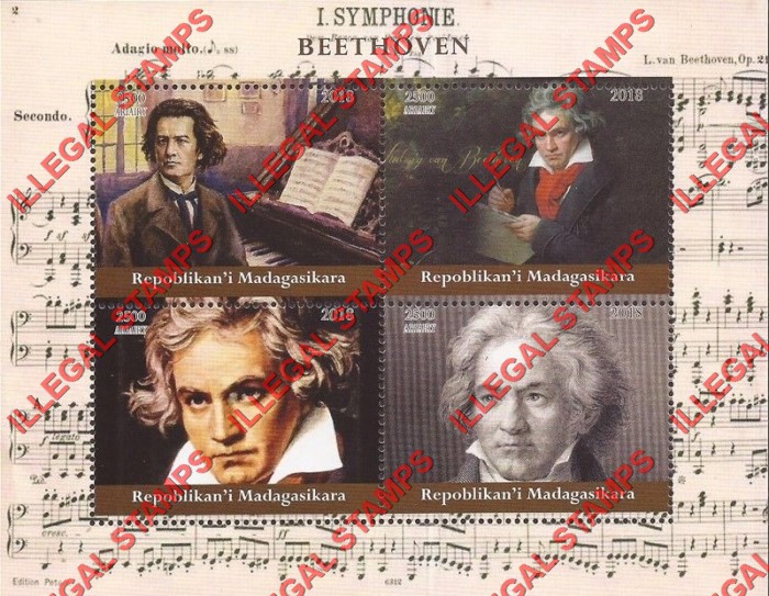 Madagascar 2018 Beethoven Illegal Stamp Souvenir Sheet of 4 Madagascar 2018 Beethoven Illegal Stamp Souvenir Sheet of 4