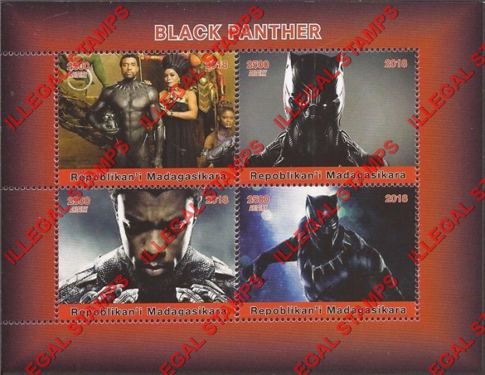 Madagascar 2018 Black Panther Movie Illegal Stamp Souvenir Sheet of 4 Madagascar 2018 Black Panther Movie Illegal Stamp Souvenir Sheet of 4