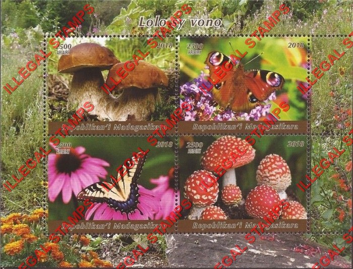 Madagascar 2018 Butterflies and Mushrooms Illegal Stamp Souvenir Sheet of 4 Madagascar 2018 Butterflies and Mushrooms Illegal Stamp Souvenir Sheet of 4