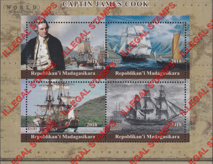 Madagascar 2018 Captain James Cook Illegal Stamp Souvenir Sheet of 4 Madagascar 2018 Captain James Cook Illegal Stamp Souvenir Sheet of 4