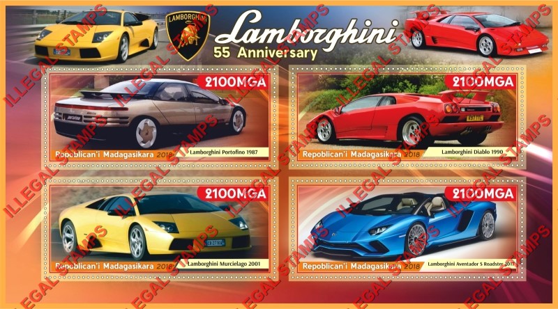 Madagascar 2018 Cars Lamborghini Illegal Stamp Souvenir Sheet of 4 Madagascar 2018 Cars Lamborghini Illegal Stamp Souvenir Sheet of 4