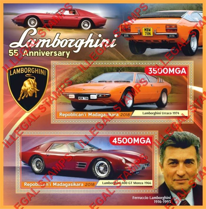 Madagascar 2018 Cars Lamborghini Illegal Stamp Souvenir Sheet of 2 Madagascar 2018 Cars Lamborghini Illegal Stamp Souvenir Sheet of 2