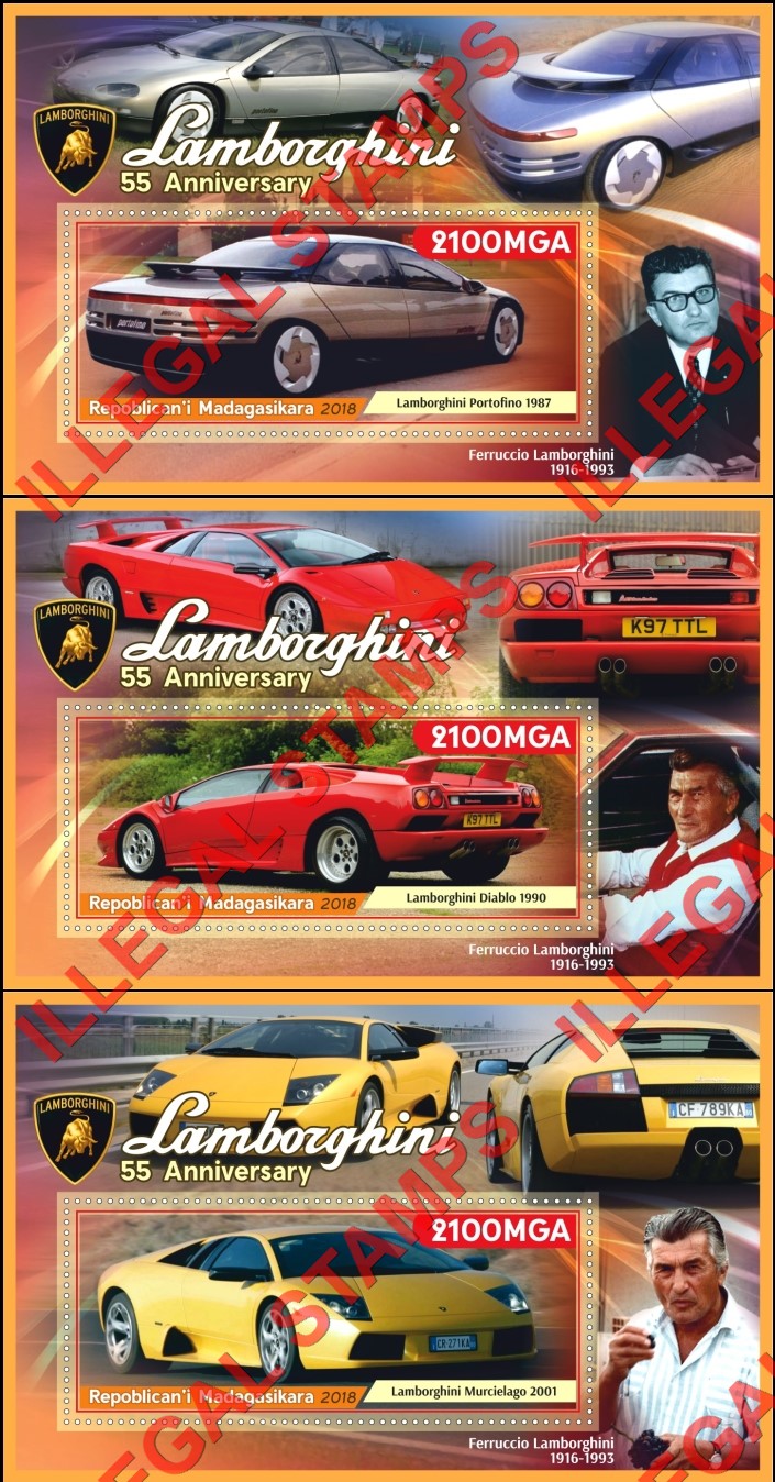 Madagascar 2018 Cars Lamborghini Illegal Stamp Souvenir Sheets of 1 (Part 1) Madagascar 2018 Cars Lamborghini Illegal Stamp Souvenir Sheets of 1 (Part 1)