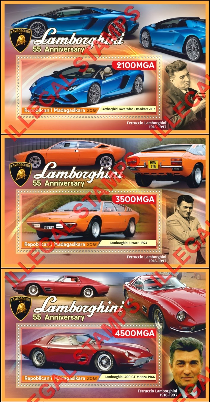 Madagascar 2018 Cars Lamborghini Illegal Stamp Souvenir Sheets of 1 (Part 1) Madagascar 2018 Cars Lamborghini Illegal Stamp Souvenir Sheets of 1 (Part 1)