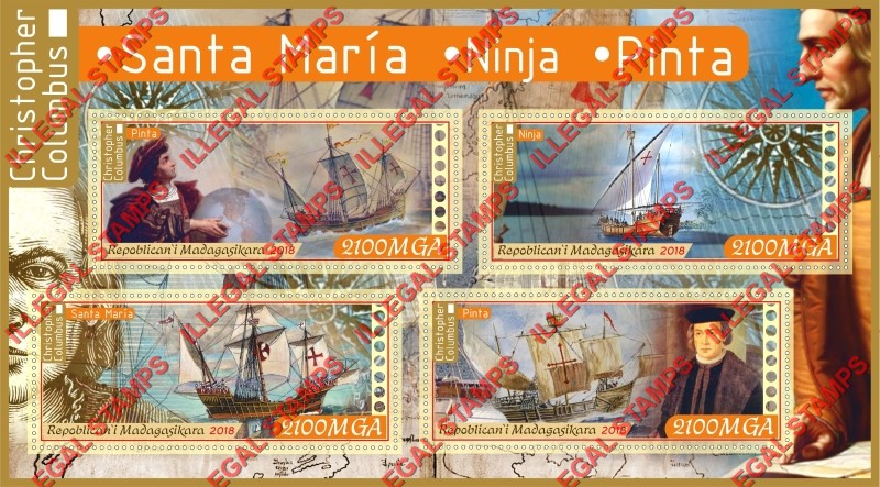 Madagascar 2018 Christopher Columbus Illegal Stamp Souvenir Sheet of 4 Madagascar 2018 Christopher Columbus Illegal Stamp Souvenir Sheet of 4