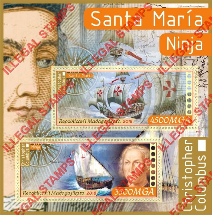 Madagascar 2018 Christopher Columbus Illegal Stamp Souvenir Sheet of 2 Madagascar 2018 Christopher Columbus Illegal Stamp Souvenir Sheet of 2