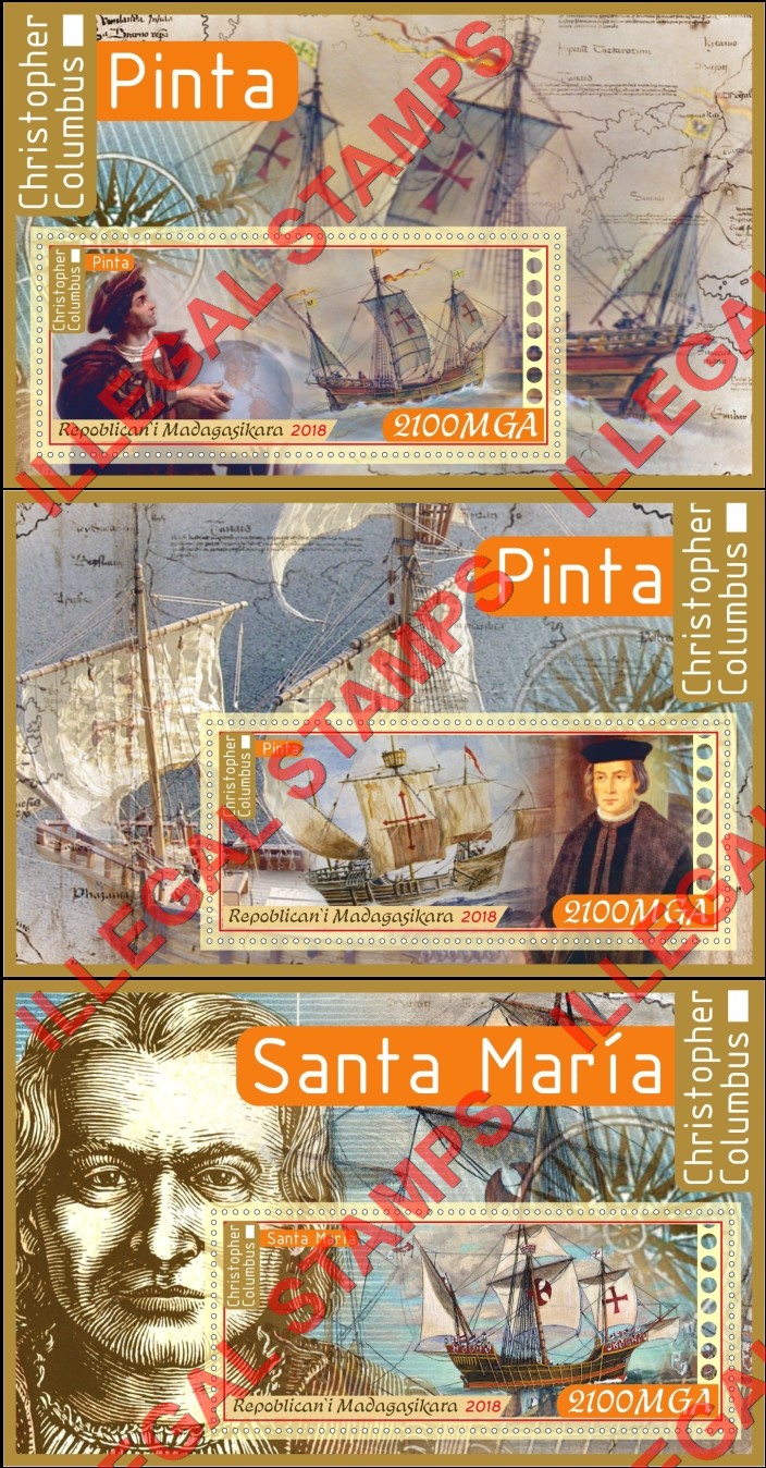 Madagascar 2018 Christopher Columbus Illegal Stamp Souvenir Sheets of 1 (Part 1) Madagascar 2018 Christopher Columbus Illegal Stamp Souvenir Sheets of 1 (Part 1)