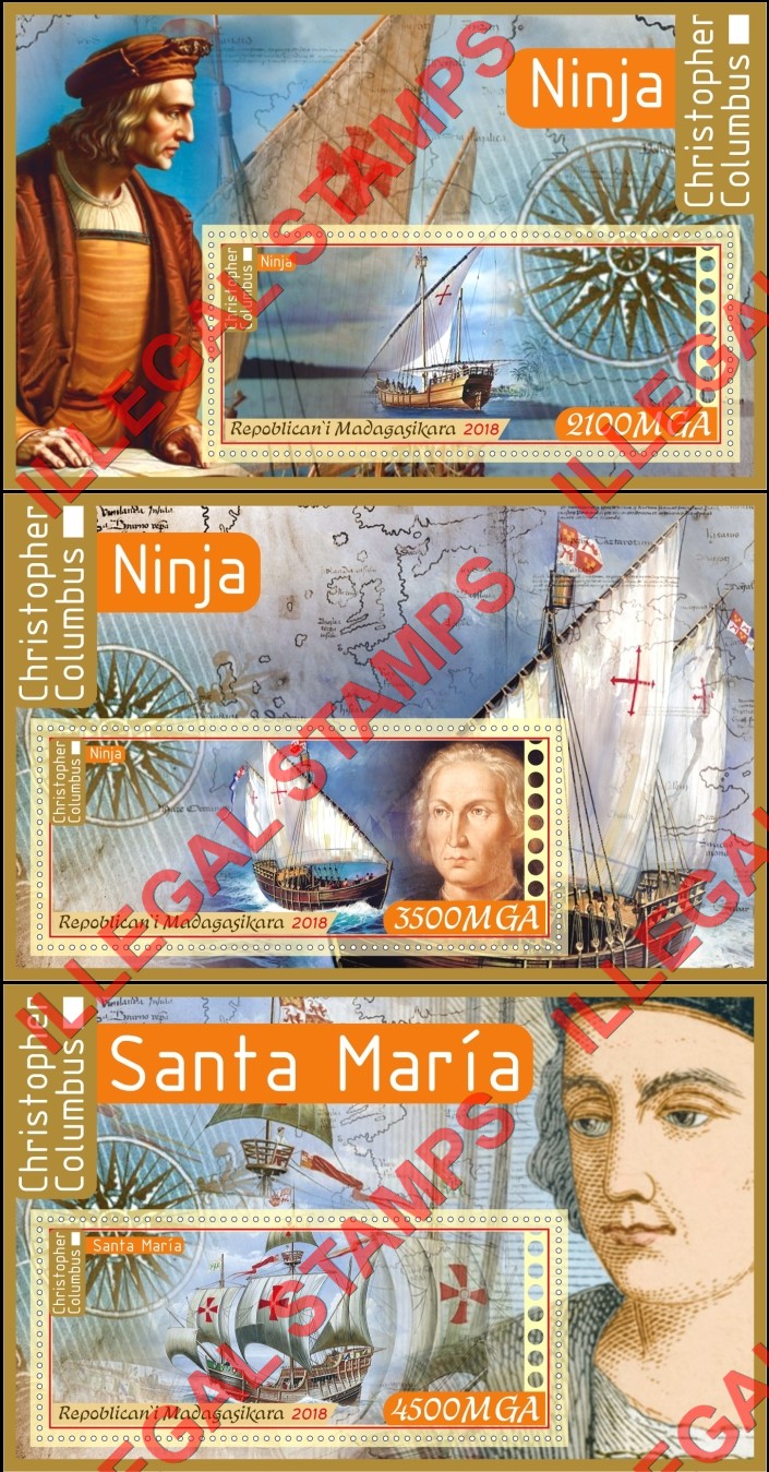Madagascar 2018 Christopher Columbus Illegal Stamp Souvenir Sheets of 1 (Part 1) Madagascar 2018 Christopher Columbus Illegal Stamp Souvenir Sheets of 1 (Part 1)