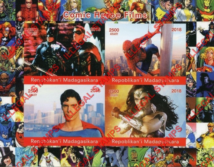 Madagascar 2018 Comic Hero Movies Illegal Stamp Souvenir Sheet of 4 Madagascar 2018 Comic Hero Movies Illegal Stamp Souvenir Sheet of 4