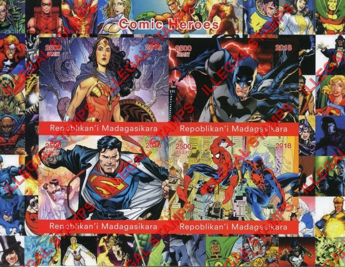 Madagascar 2018 Comic Heroes Illegal Stamp Souvenir Sheet of 4 Madagascar 2018 Comic Heroes Illegal Stamp Souvenir Sheet of 4