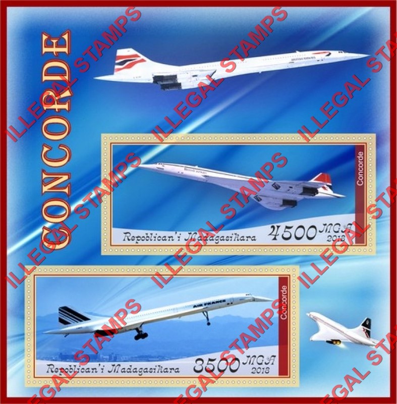 Madagascar 2018 Concorde (different) Illegal Stamp Souvenir Sheet of 2 Madagascar 2018 Concorde (different) Illegal Stamp Souvenir Sheet of 2