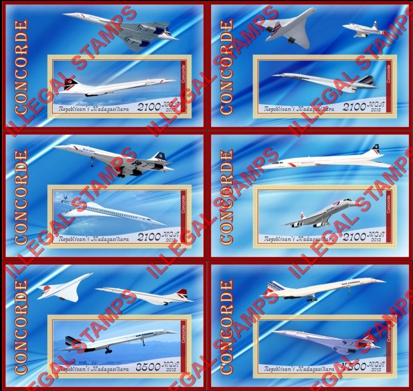 Madagascar 2018 Concorde (different) Illegal Stamp Souvenir Sheets of 1 Madagascar 2018 Concorde (different) Illegal Stamp Souvenir Sheets of 1