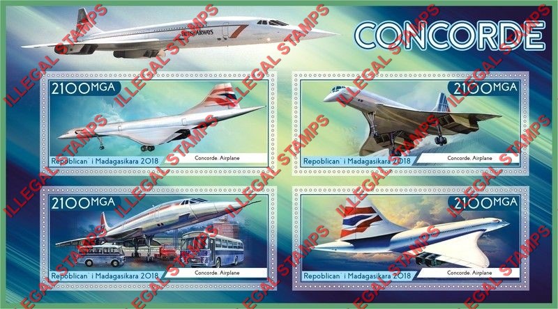 Madagascar 2018 Concorde Illegal Stamp Souvenir Sheet of 4 Madagascar 2018 Concorde Illegal Stamp Souvenir Sheet of 4