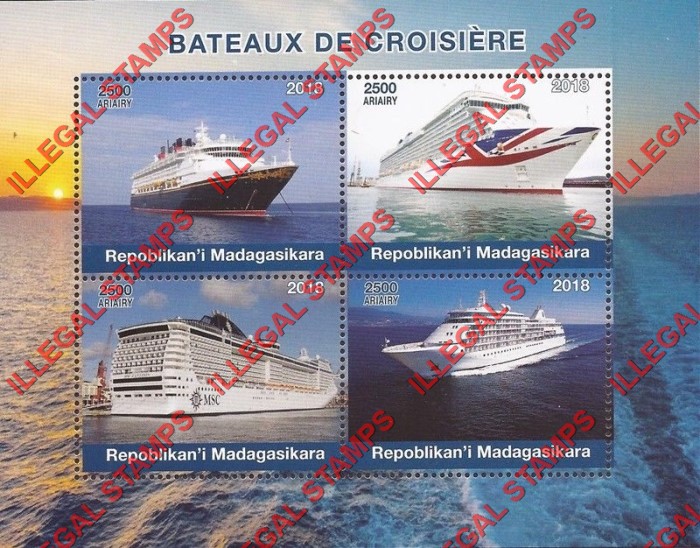Madagascar 2018 Cruise Ships Illegal Stamp Souvenir Sheet of 4 Madagascar 2018 Cruise Ships Illegal Stamp Souvenir Sheet of 4