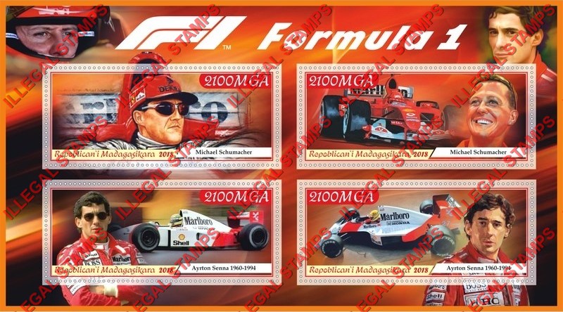 Madagascar 2018 Formula I Race Cars and Drivers Illegal Stamp Souvenir Sheet of 4 Madagascar 2018 Formula I Race Cars and Drivers Illegal Stamp Souvenir Sheet of 4
