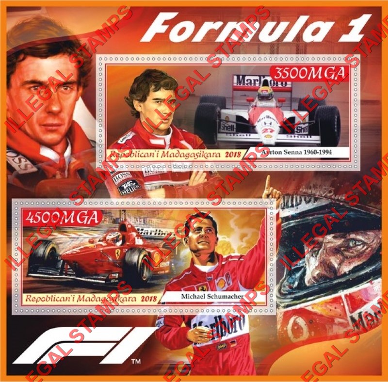 Madagascar 2018 Formula I Race Cars and Drivers Illegal Stamp Souvenir Sheet of 2 Madagascar 2018 Formula I Race Cars and Drivers Illegal Stamp Souvenir Sheet of 2