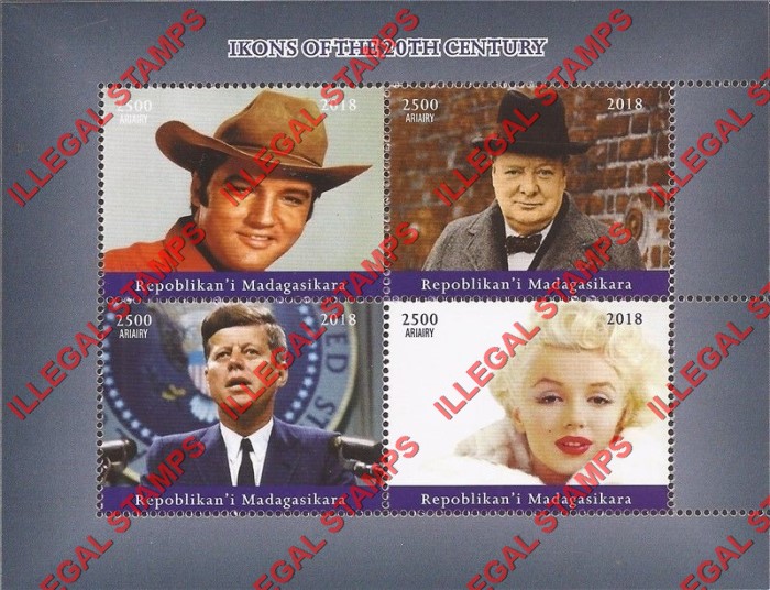 Madagascar 2018 Icons of the 20th Century Elvis Kennedy Monroe Churchill Illegal Stamp Souvenir Sheet of 4 Madagascar 2018 Icons of the 20th Century Elvis Kennedy Monroe Churchill Illegal Stamp Souvenir Sheet of 4