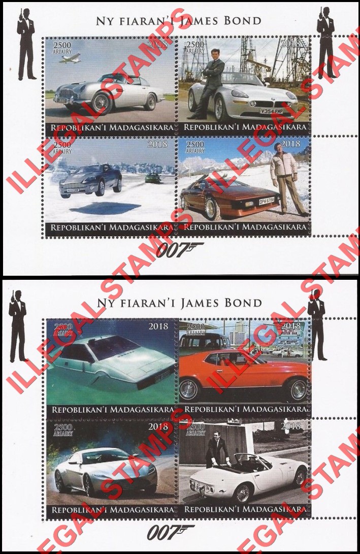 Madagascar 2018 James Bond Cars Illegal Stamp Souvenir Sheets of 4 Madagascar 2018 James Bond Cars Illegal Stamp Souvenir Sheets of 4