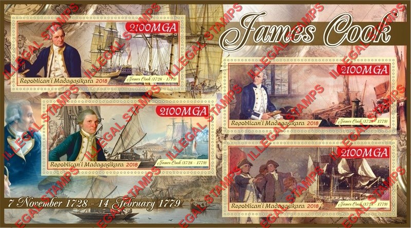 Madagascar 2018 James Cook Illegal Stamp Souvenir Sheet of 4 Madagascar 2018 James Cook Illegal Stamp Souvenir Sheet of 4